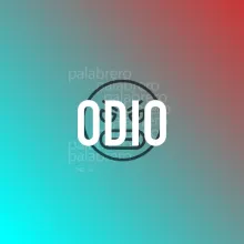 Imagen con la palabra "odio" con un fondo en degradé turquesa y morado, y con un un ícono de una cara enojada