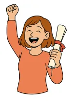 se ve el dibujo de una mujer contenta con en diploma en su mano